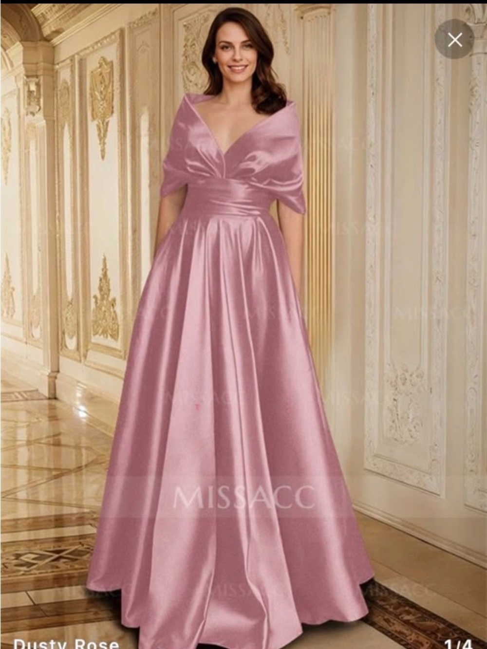 Dusty Rose Satin Off-Shoulder V-Neck Evening Gown